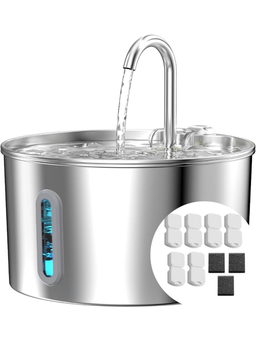 Stainless Steel 74oz Cat Water Fountain with 6 Filters & 3 Sponges - Pet